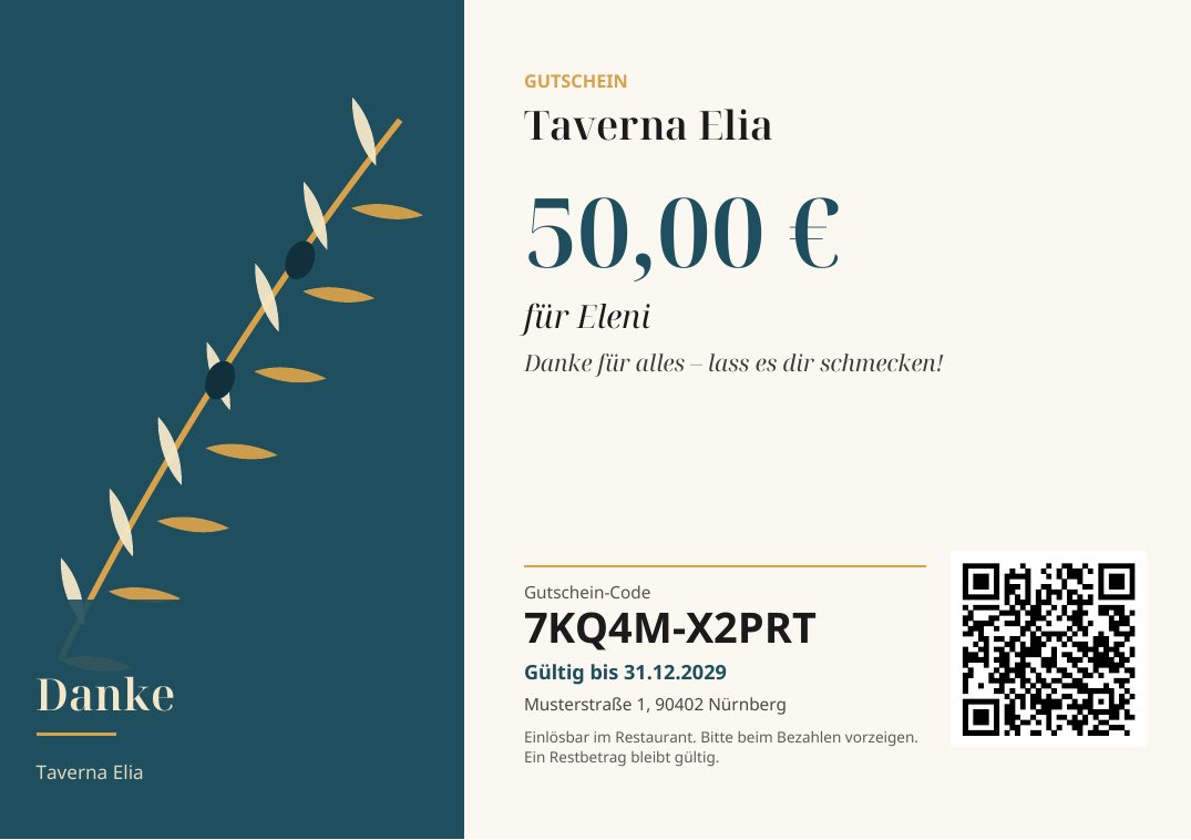 Beispiel eines Online-Gutscheins im Design eines Restaurants